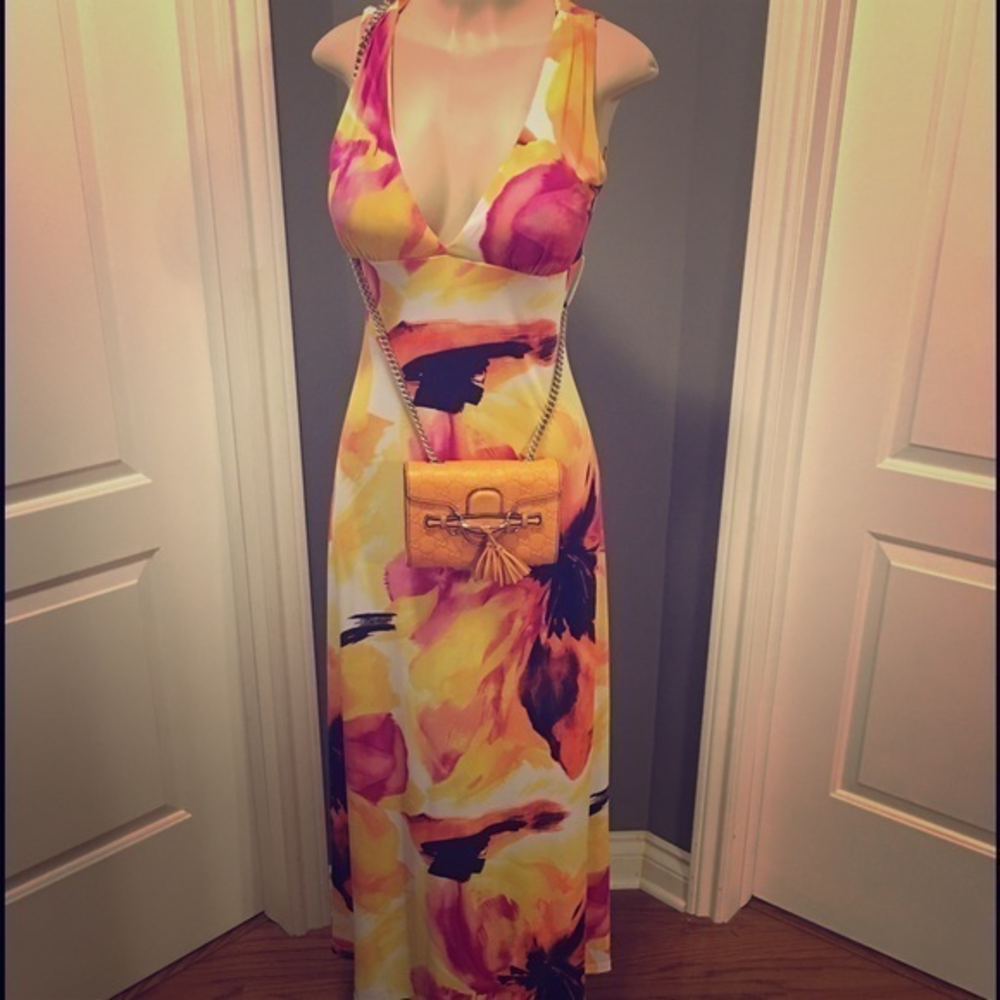 Pink yellow‎ white maxi dress sz Small